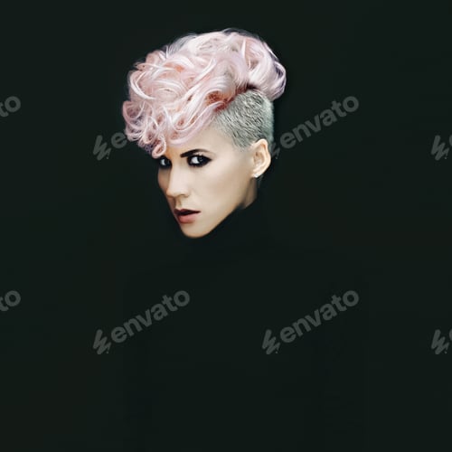 Preview: Sensual portrait lady with fashionable hairstyle on black backgr