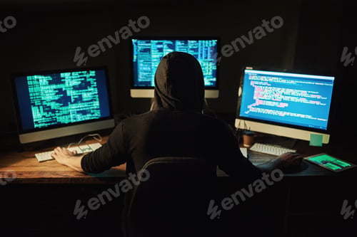 Preview: Unraveling the code. Rearview shot of a young hacker cracking a computer code in the dark.