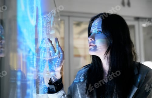 Preview: Woman interacts with digital display in a modern environment during a daytime session