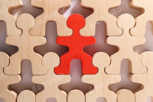 Preview: Red figure among wooden ones on white background, flat lay. Recruiter searching employee