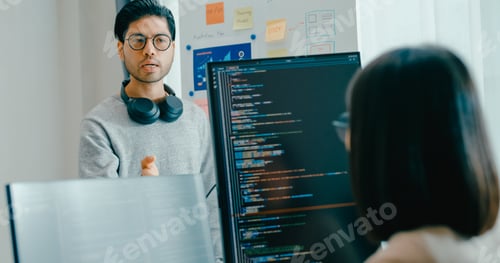 Preview: Software developers mentor leader manager talk strategy plan to executive write prompt AI bot IT.