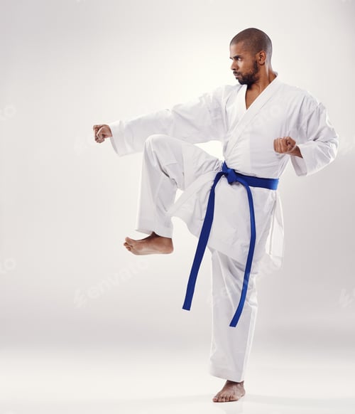 Preview: Perfect form. An african man doing karate.