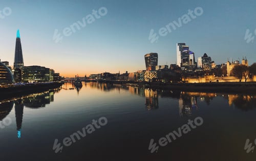 Preview: London landmarks and skyline view at sunset over the Thames river