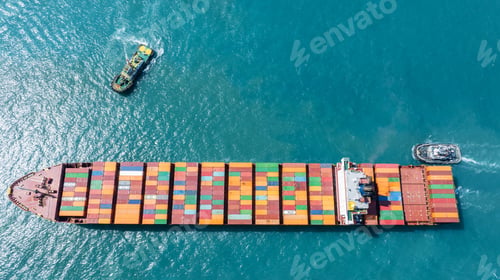 Preview: Cargo Container Ship was pulling by Tugboat. container ship import export to customers sea