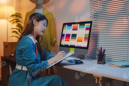 Preview: Asian female fashion designer working at night choosing colors from computer screen