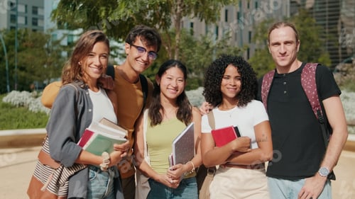 Preview: Diverse Students Group Smiling On Campus Together