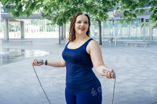 Preview: Jumping Rope workout. Weight Loss. Plus Size Fitness. Plus size curvy woman exercising outdoor with
