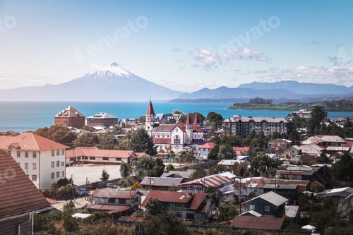 Preview: Aerial view of Puerto Varas with Sacred Heart Church and Osorno Volcano - Puerto Varas, Chile