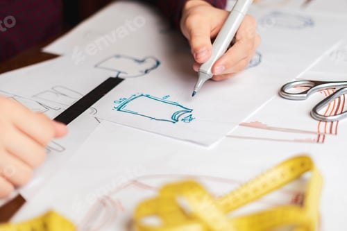 Preview: designer drawing new fashion wear on paper b