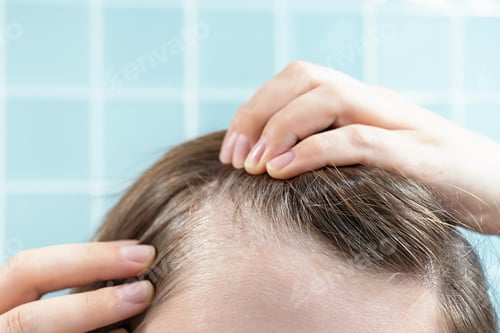 Vista previa: Girl touching her hair close-up on blue background, hair loss concept.