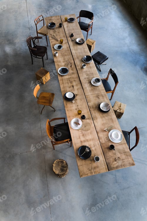 Preview: Elegant composition of classy dining room interior design with rustic table.