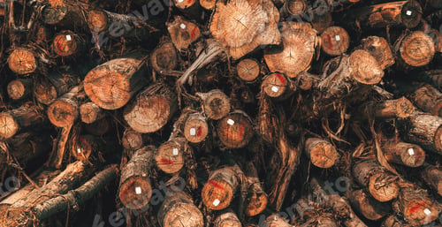 Preview: Lumber and timber wood industry, cut down fallen tree trunks stacked and ready for transport