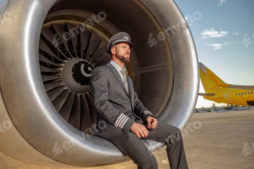 Preview: Aircraft pilot sitting in airplane engine at airport