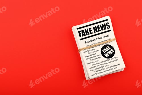 Preview: Stack of FAKE NEWS newspapers over red