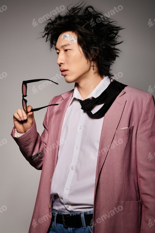Preview: An Asian man showcases bold and stylish clothing in a spring-themed studio setting