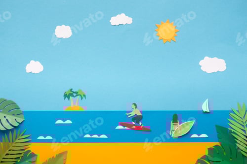 Preview: Young people surfing on ocean waves, free space