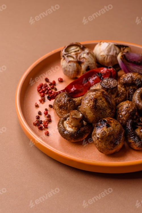 Preview: Grilled mushroom pieces, a vegetarian healthy meal with sauce. Barbecue mushroom halves