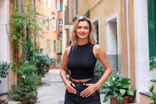 Preview: Portrait of beautiful woman on city street