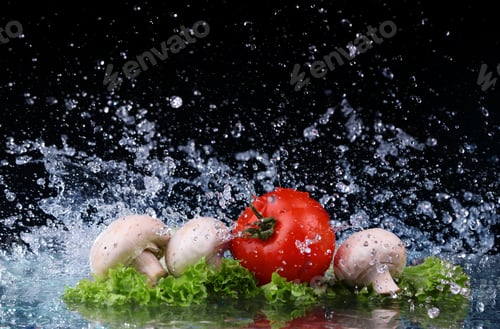 Preview: Red tomato cherry, mushrooms and green fresh salad with water drop splash