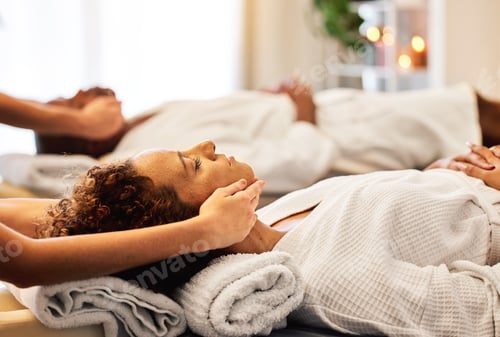 Preview: Head massage, couple and spa for zen and relax massage from a massage therapist in a beauty spa. Fa