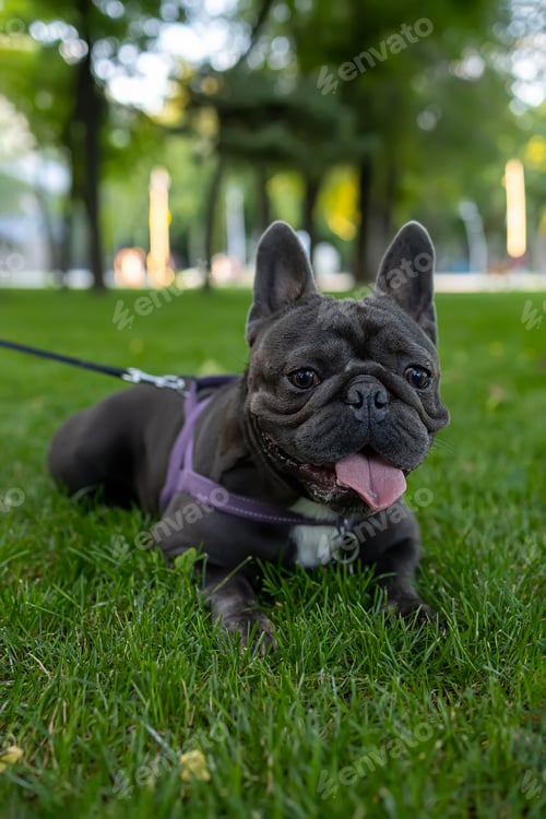 Preview: in the park on the lawn, a french bulldog is sprawled looking
