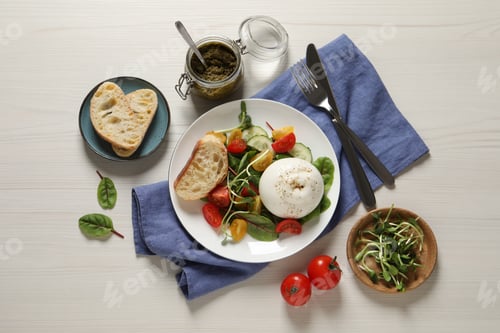 Preview: Delicious burrata salad served on white wooden table, flat lay