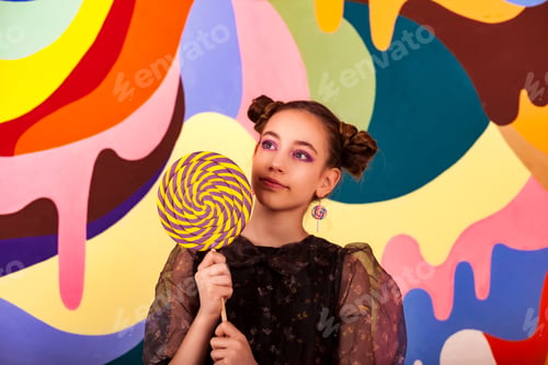 Preview: Cute cover child girl holding round lollipop at colored wall, looking up away