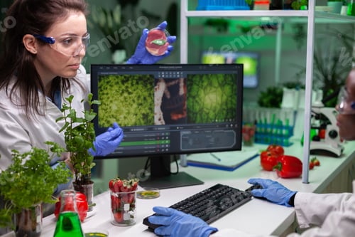 Preview: Multi-ethnic team analyzing bio meat sample working at biochemistry experiment