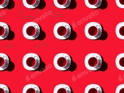 Preview: top view of tea time seamless pattern with tea cups and saucers on red