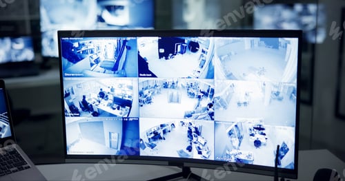 Preview: Security, business and computer with split screen, control room and multicam surveillance with soft