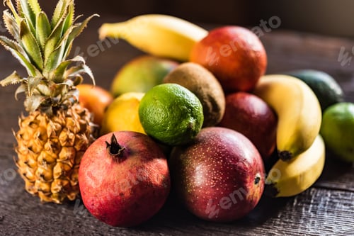 Preview: Studio shot of various exotic fruit on wood