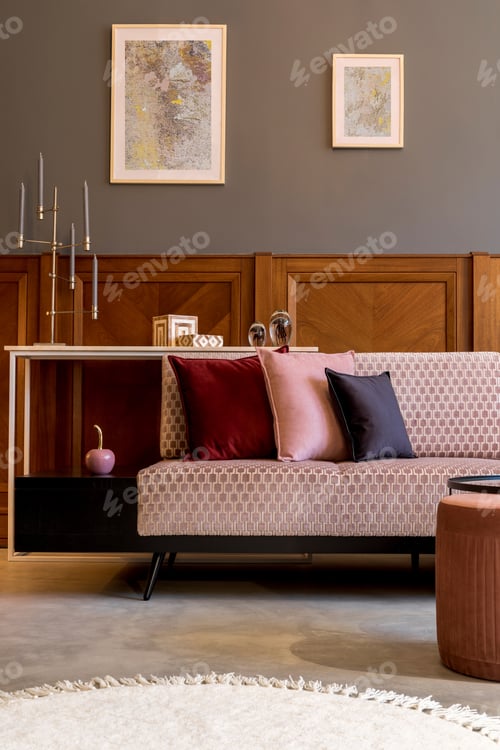 Preview: 3. Stylish interior of living room with design pink velvet sofa.