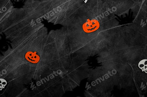 Preview: Top view on dark halloween background with bats,spiders,skulls and spider web.
