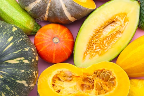 Preview: Many fresh pumpkins and other gourds on pink background, flat lay