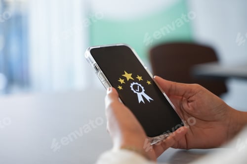 Preview: Best quality concept with people holding smartphone and screen show five star and quality sign.