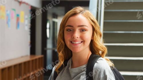 Preview: Portrait Of Smiling Female High School Student Standing By Stairs In College Building
