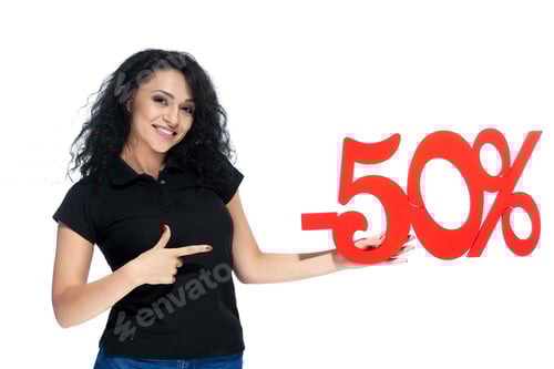 Preview: Beatiful curly girl with a red sign -50 sale
