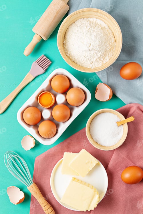 Preview: Rustic baking ingredients flat lay. Homemade pastry, baking. Top view flat lay background. Healthy