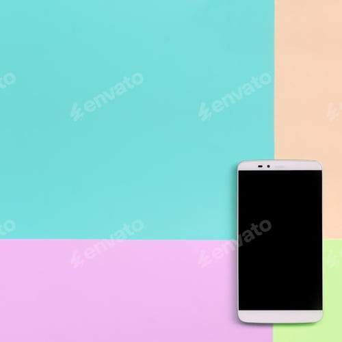 Preview: Modern smartphone with black screen on texture background of fashion pastel pink, bl
