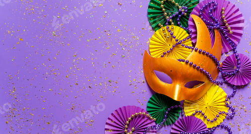 Preview: Mardi gras.Holidays mardi gras masquarade, venetian mask fan over purple background. view above,ma