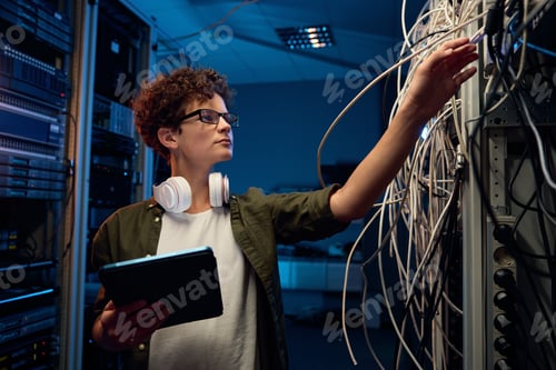 Preview: Side view of young teenager boy checking wires connection in server cabinet