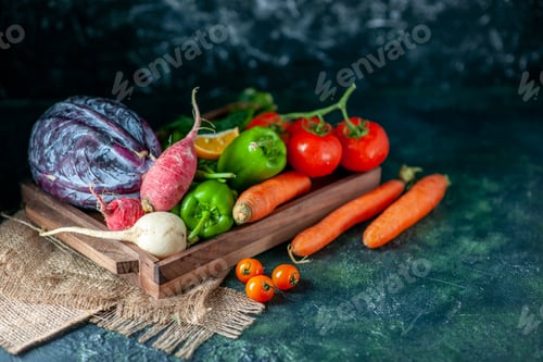 Preview: front view fresh vegetables radish tomatoes carrots and cabbage on dark background health color