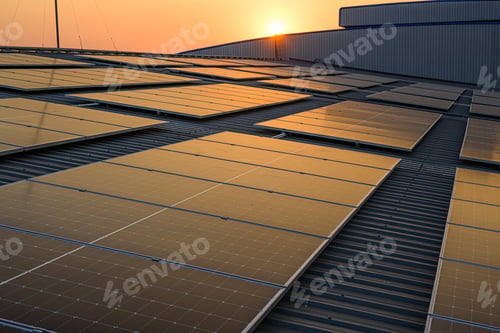 Preview: Solar cell farm power plant and solar panels with sunset in evening
