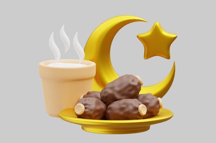 Preview: Chocolate covered dates with a cup of coffee and a crescent moon