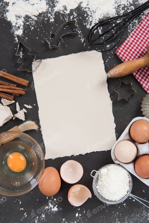 Preview: Baking recipe frame background with ingredients and utensils