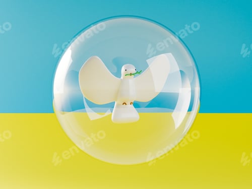 Preview: Dove of peace with green branch in heart shaped bubble on yellow blue background. Ukrainian freedom