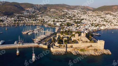 Preview: Aerial view of Bodrum on Turkish Riviera. View on Saint Peter Castle Bodrum castle and marina