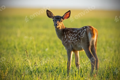 Preview: Young cute baby red deer, cervus elaphus, fawn in warm sunset light