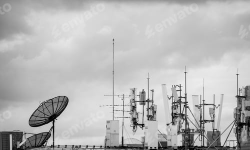 Preview: Telecommunication equipment for 5g radio network. Telecommunication tower, antenna, and satellite