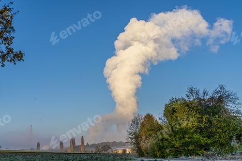Preview: Closeup shot of a cloud of steam over the cooling tower of a power plant